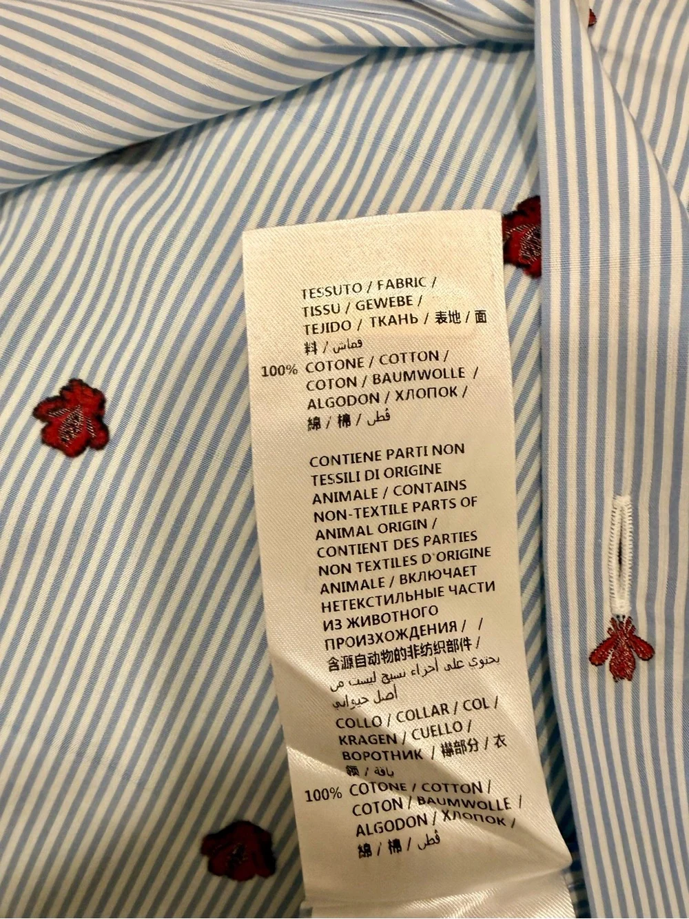 Gucci Light Blue Striped Dress Shirt with White Collar and Bee Embroidery